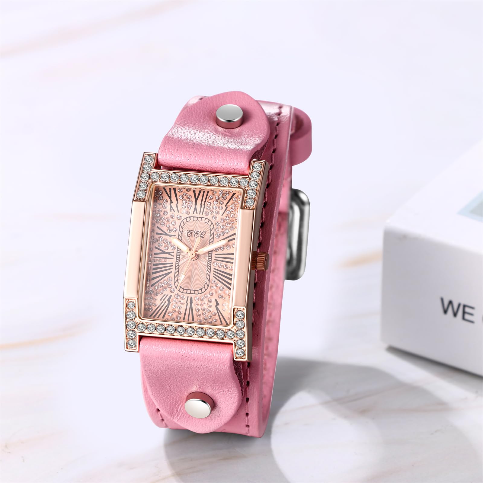 JewelryWe Zegarek damski prostokątny skórzany zegarek: 4 szt. Steampunk Vintage analogowy zegarek kwarcowy damski PU skórzany pasek z cyrkoniami diamentami zegarek z cyframi rzymskimi prostokątna