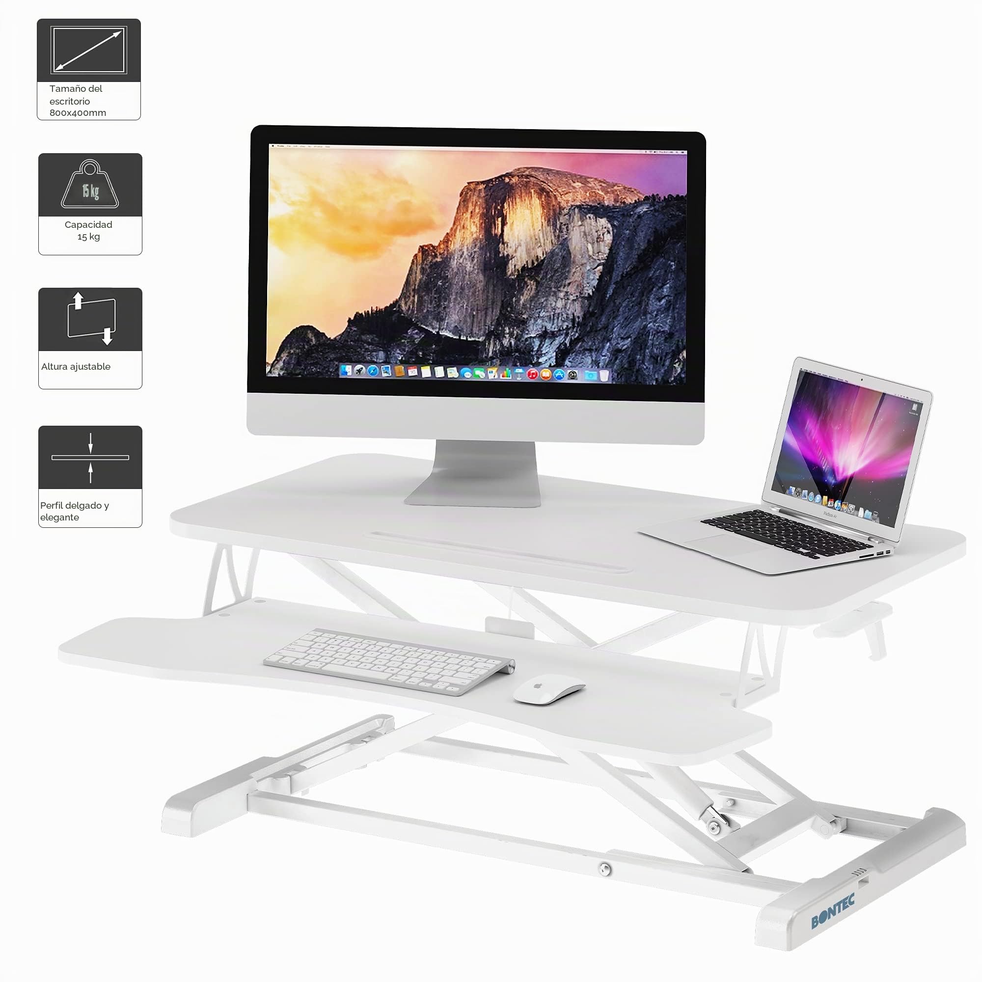 BONTEC Convertidor de Escritorio Sentado/Pie, Estación de Trabajo de 2 Niveles Ajustable en Altura, con Plataforma de 80x40cm, Elevador Ergonómico, Pantalla de PC, Portátil de hasta 15 kg(Blanco)