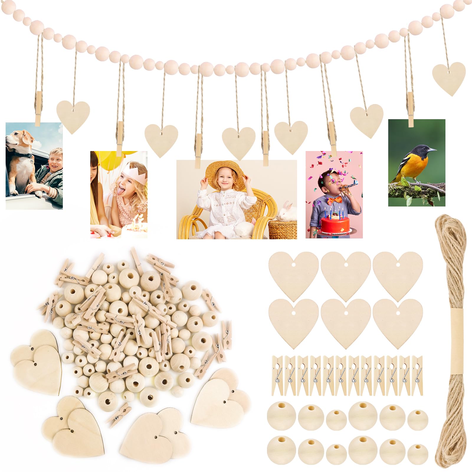 50 Mollette In Legno A Forma Di Cuore Con Corda Di Canapa 10m E Chiodi Anti-traccia – Kit Fai-da-te Per Decorazioni, Matrimoni E Foto, 3.7 Cm