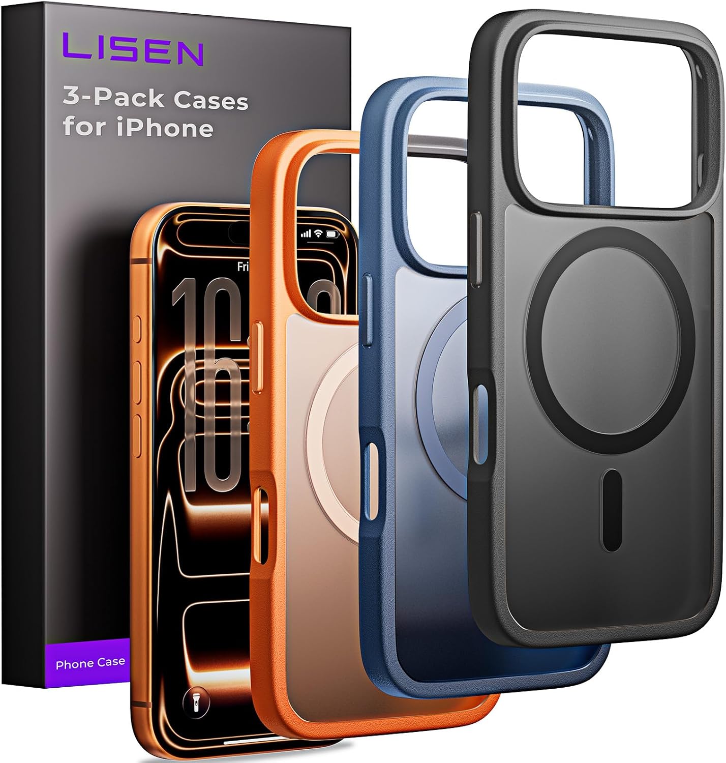 LISEN 3-Pack Magnetic Shockproof for iPhone 17 Pro Case Slim Fit for MagSafeMilitary Grade Drop Protection Translucent Matte Phone Case for i Phone 17 Pro, Cosmic Orange, Space Black, Deep Blue