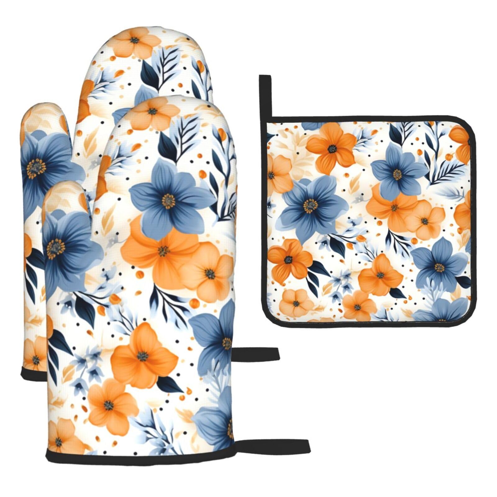 Maniques résistantes à la chaleur lot de 3 gant de cuisine extra épais à motif floral blanc