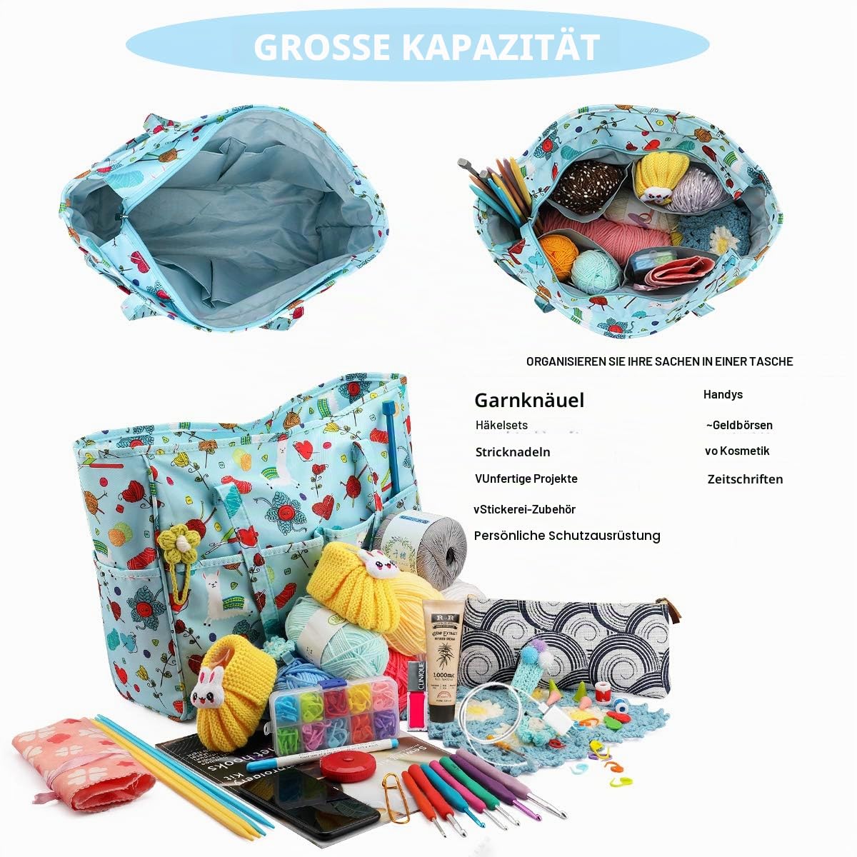 Aufbewahrungstasche für Wolle, Häkelnadeln und Anderes Zubehör Garnaufbewahrung, blau