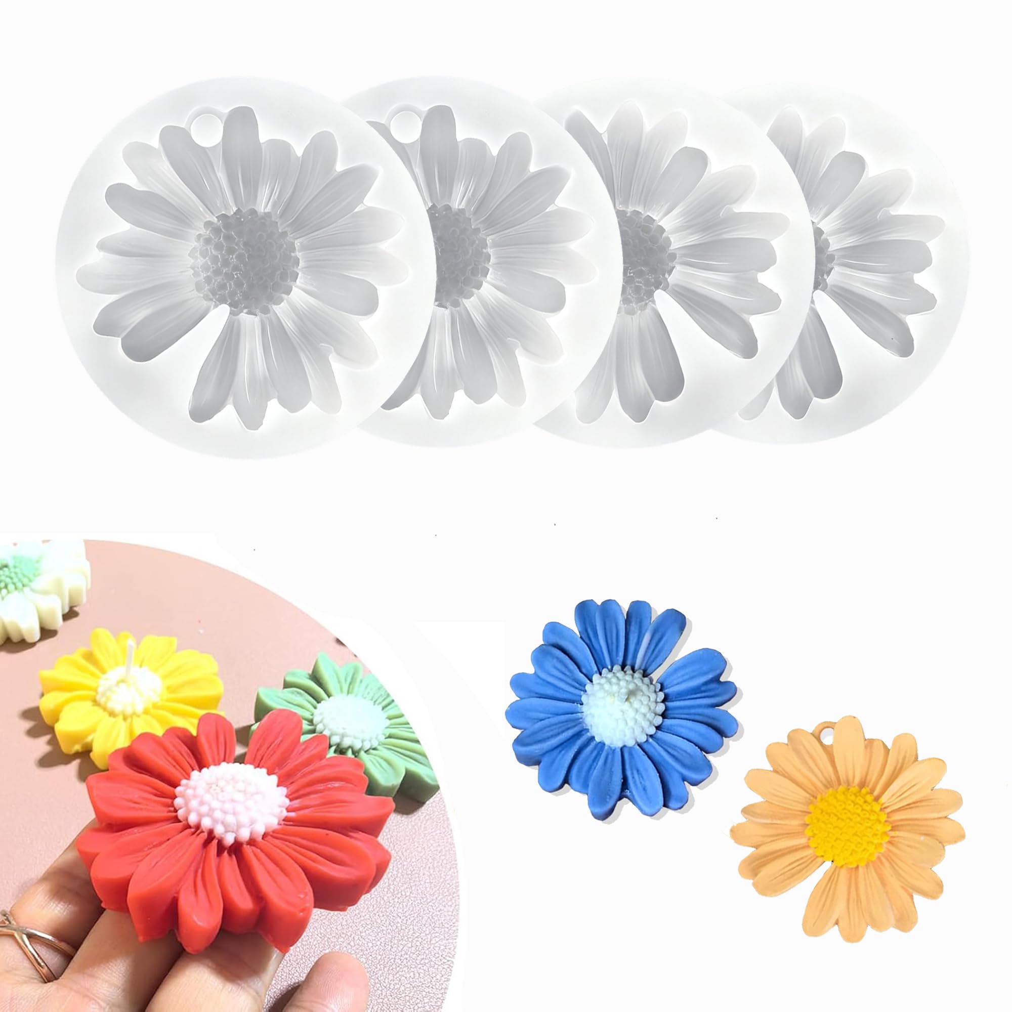 4 Pcs Daisy Flower Silicone Molds for Candles, 3D Flower Fondant Chocolate Cake Cupcake Topper Decoration Mold, Unique Resin Candle Molds DIY Soap Mold