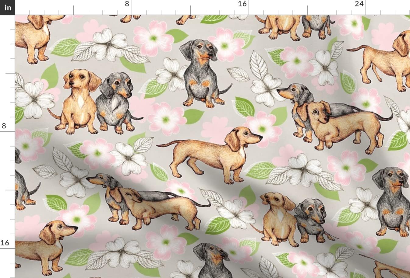 Spoonflower Fabric - Dachshunds Dogwood Blossoms Pink Large Dachshund Dogs Cute Gray Year Printed on Upholstery Velvet Fabric Fat Quarter - Upholstery Home Decor Bottomweight Apparel