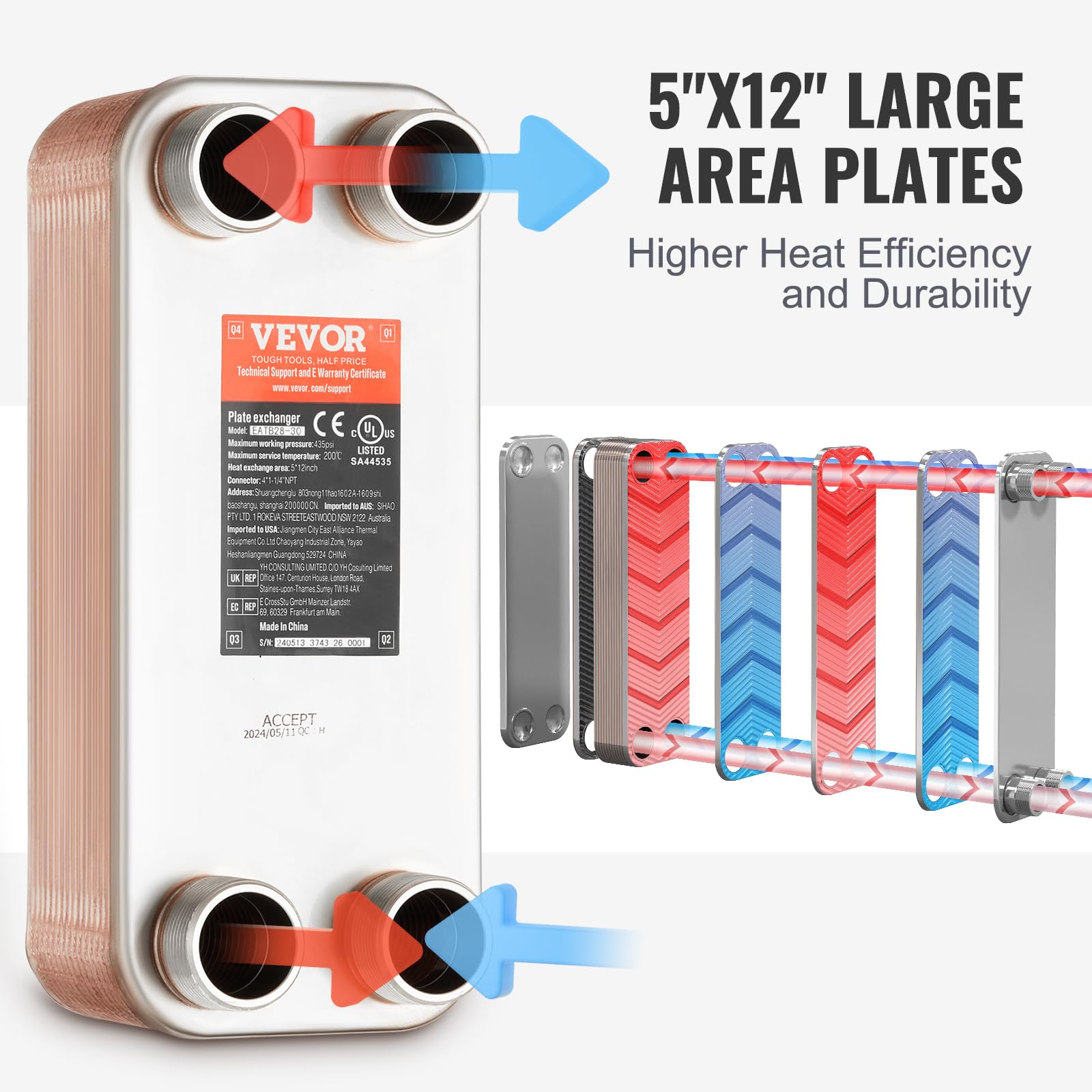 VEVOR Intercambiador de Calor de Placas Soldadas de 30 Placas 301 x 126 x 110 mm, Agua a Agua de Cobre/Acero Inoxidable 316 L para Calefacción por Suelo, Calentamiento de Agua, Derretimiento de Nieve
