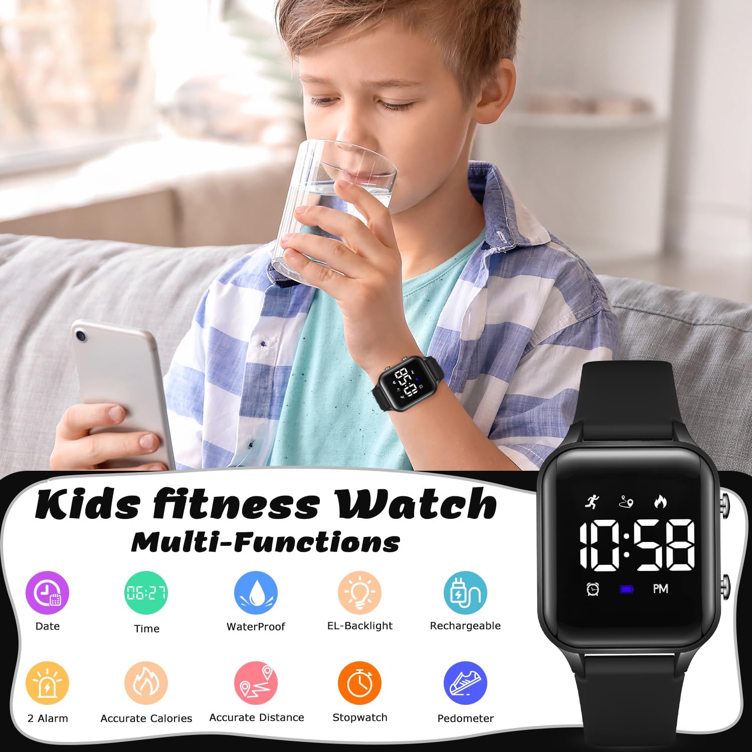 Orologio digitale per bambini, con contapassi, impermeabile, sportivo, per ragazzi, ragazze, adolescenti, fitness tracker tutto in uno con sveglia silenziosa a vibrazione, contapassi, calorie