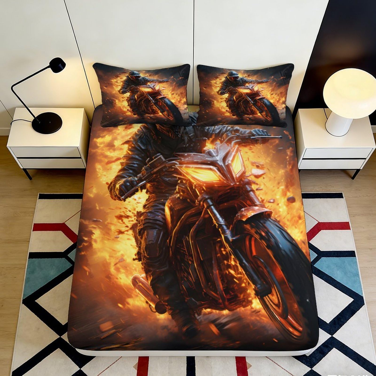 3D Printed Flaming Motorcycle Fitted Sheet Microfiber Durable Breathable Fiery Rider Bed Cover for Bedroom Dormitory Guest Room Mattress Protection 180x200x25cm