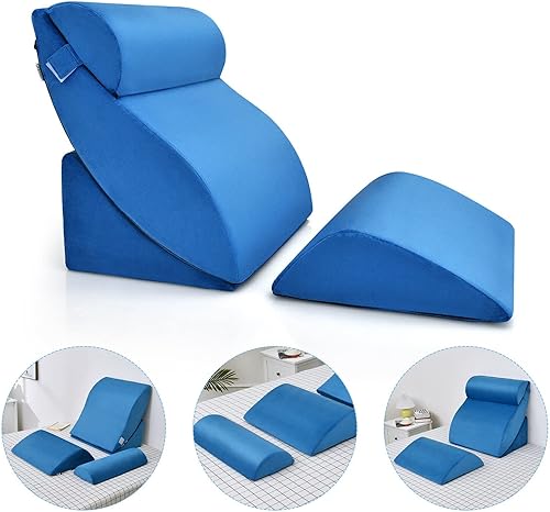 Miniatura 5 de WYFDP - Juego de 4 almohadas de cuña inclinadas para la cabeza, espuma viscoelástica, color azul, ortopédicas, para cama