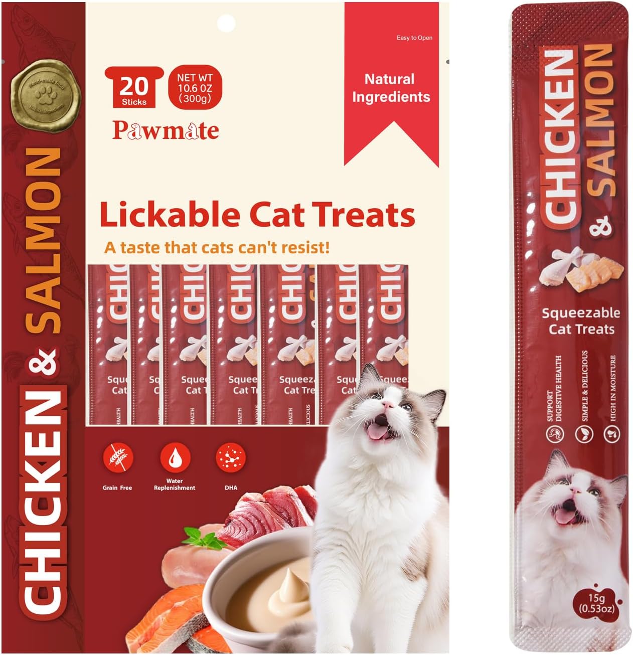 Pawmate Lickable Cat Treats, Chicken & Salmon Cat Squeeze Treats, High Moisture Grain Free Cat Snacks & Food Toppers for Kittens and Adult Cats, 20 Tubes x 15g