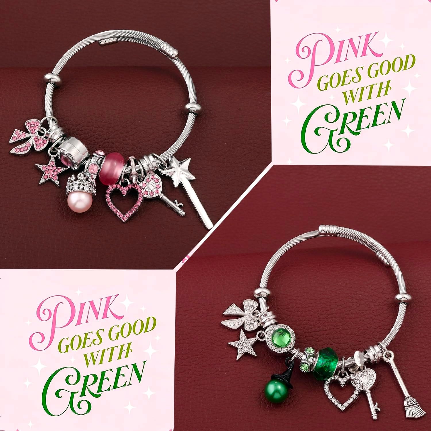2 Pcs Elphaba Glinda Matching Friendship Charm Bracelets Merch With Gift Cards,With Sparkly Crown&Witch Hat,Witch Bracelet,Witch Jewelry,Wicked Friendship Gifts For Best Friend-Couples-Birthday-Party Favor - Image 4