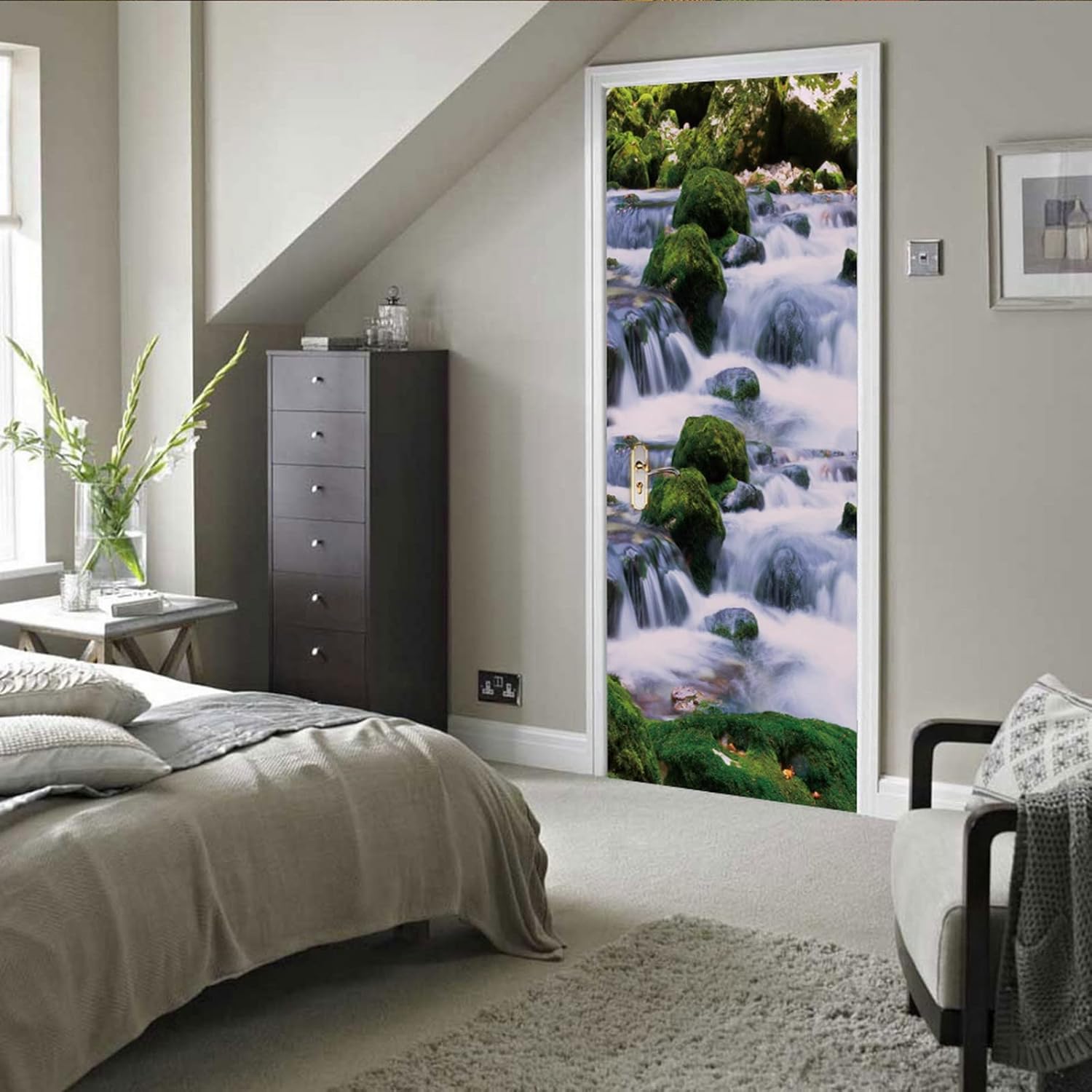 A.Monamour 3D Door Stickers for Interior Doors Mountain River Waterfall Between Stones Nature Scenery Vinyl Removable Self Adhesive Door Poster Wallpaper Mural Decals for Bedroom Bathroom 90 x 200 cm