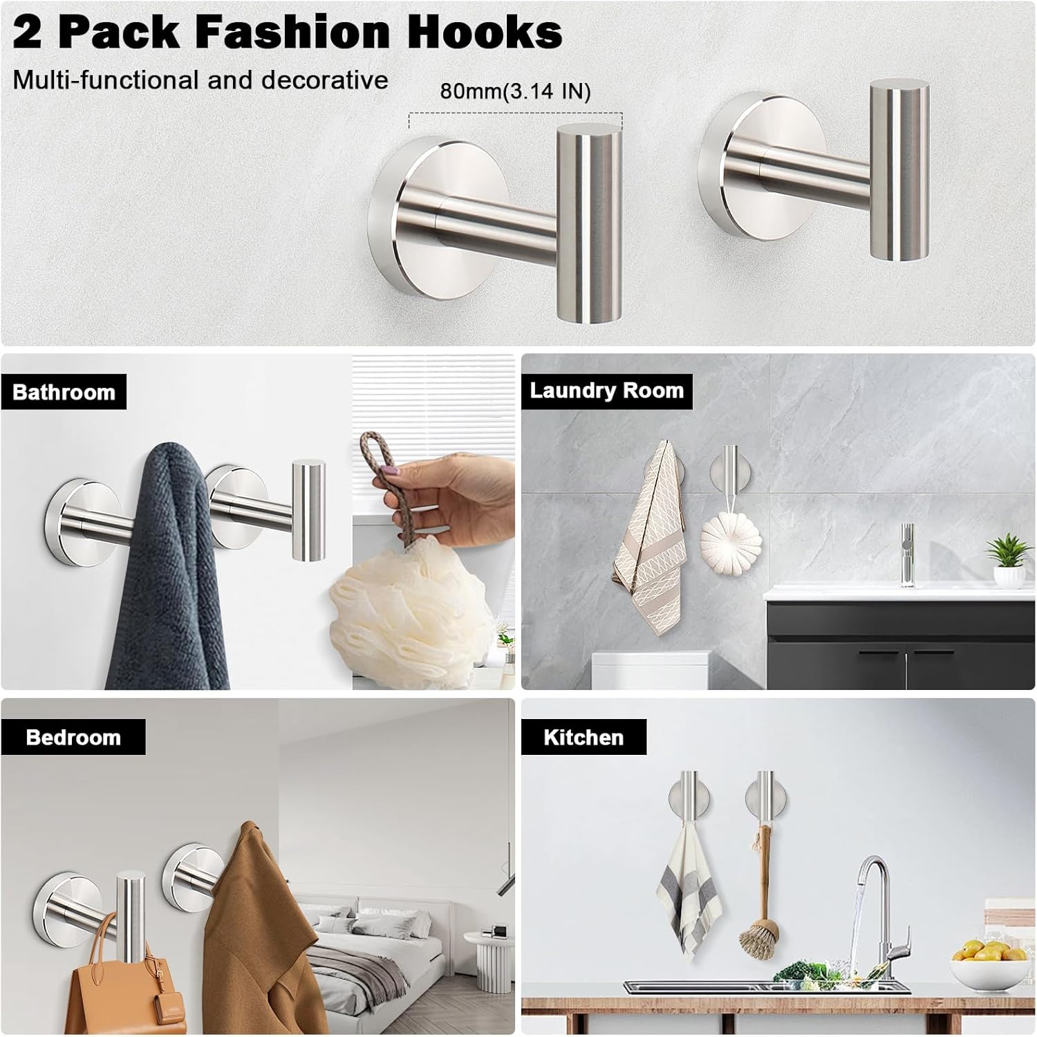 Livabber 3 Pieces Bathroom Accessories Set, 304 Stainless Steel Bath Hardware Kit with 16” Towel Bar   2 Robe Hooks, Wall Mounted Towel Rack for Kitchen, Shower Room (Brushed Nickel)