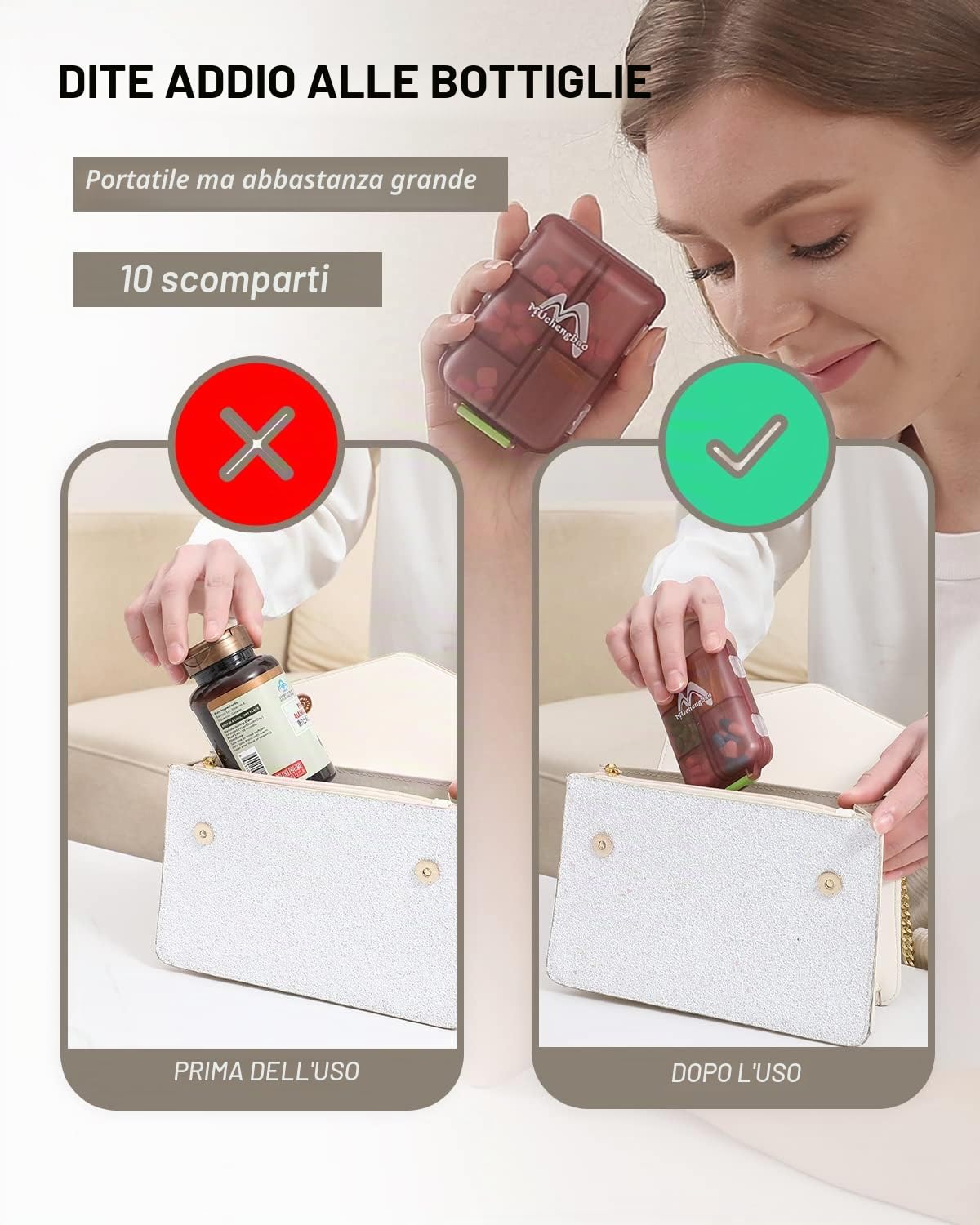 M MUchengbao 4PS organizzatore di pillole da viaggio, 10 scomparti portatile, scatola pieghevole per farmaci quotidiani