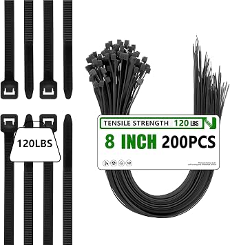 200PCS 8inch Black Zip Ties 120LBS Tensile Strength Self-Locking heavy duty UV Resistant Cable Tie Wraps for indoor and outdoor useblack
