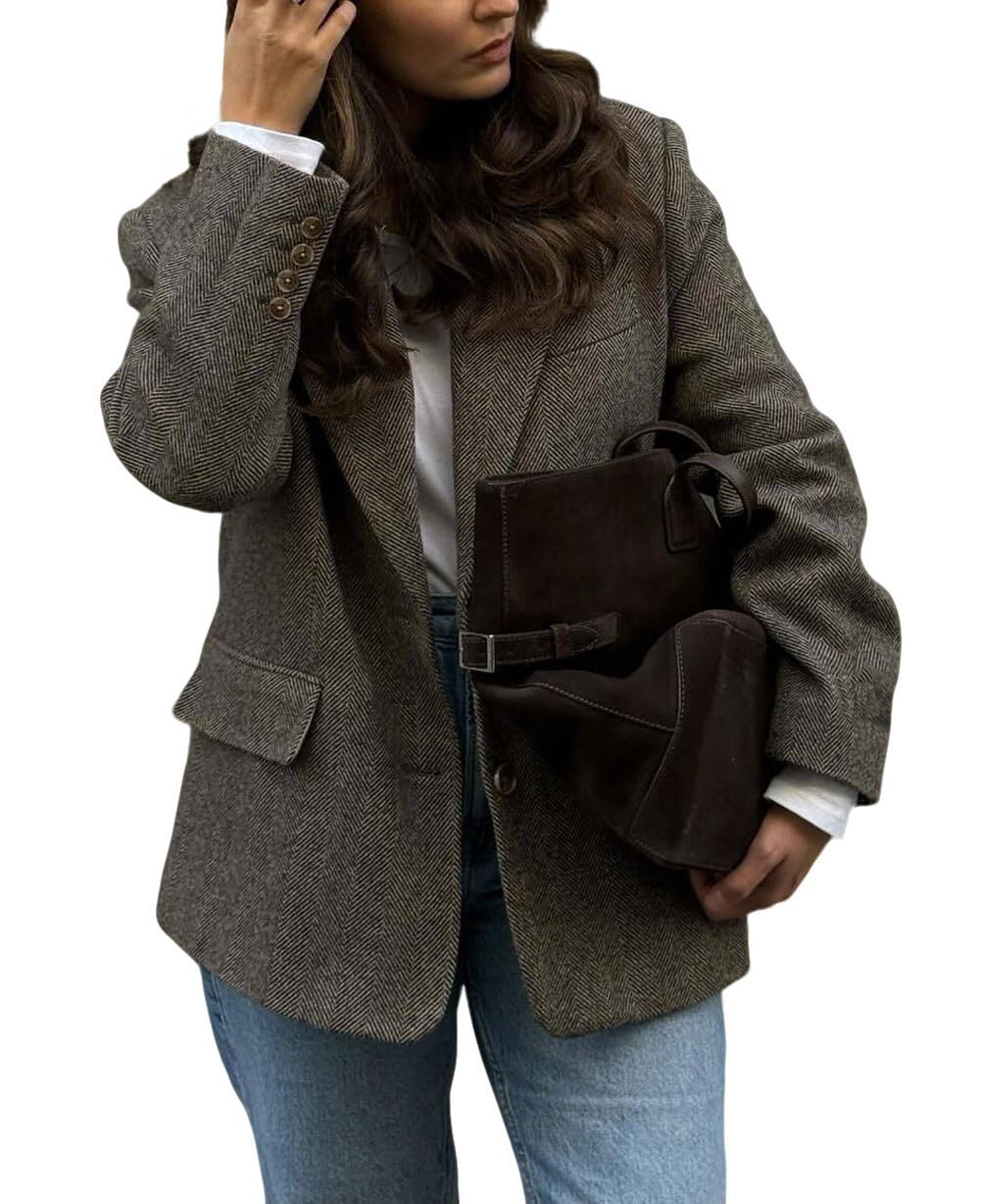 CHARTOU Women Vintage Herringbone Wool Blazer Jacket Fall Casual Business Work Coats