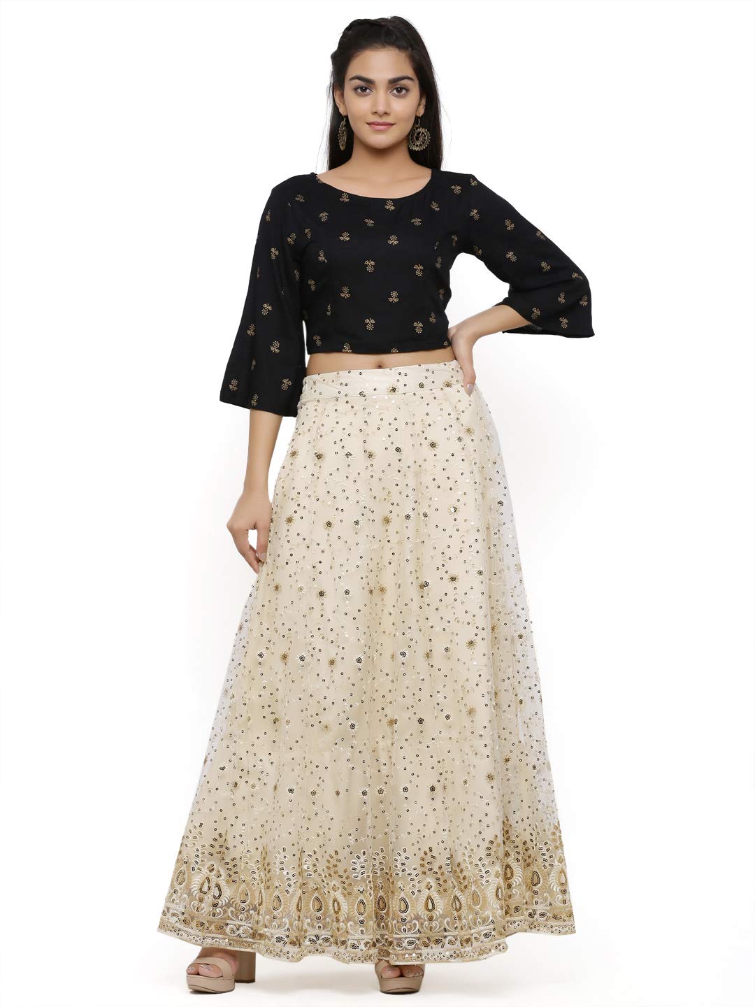Ivory Net Embellished Flared Lehenga Choli-image-36