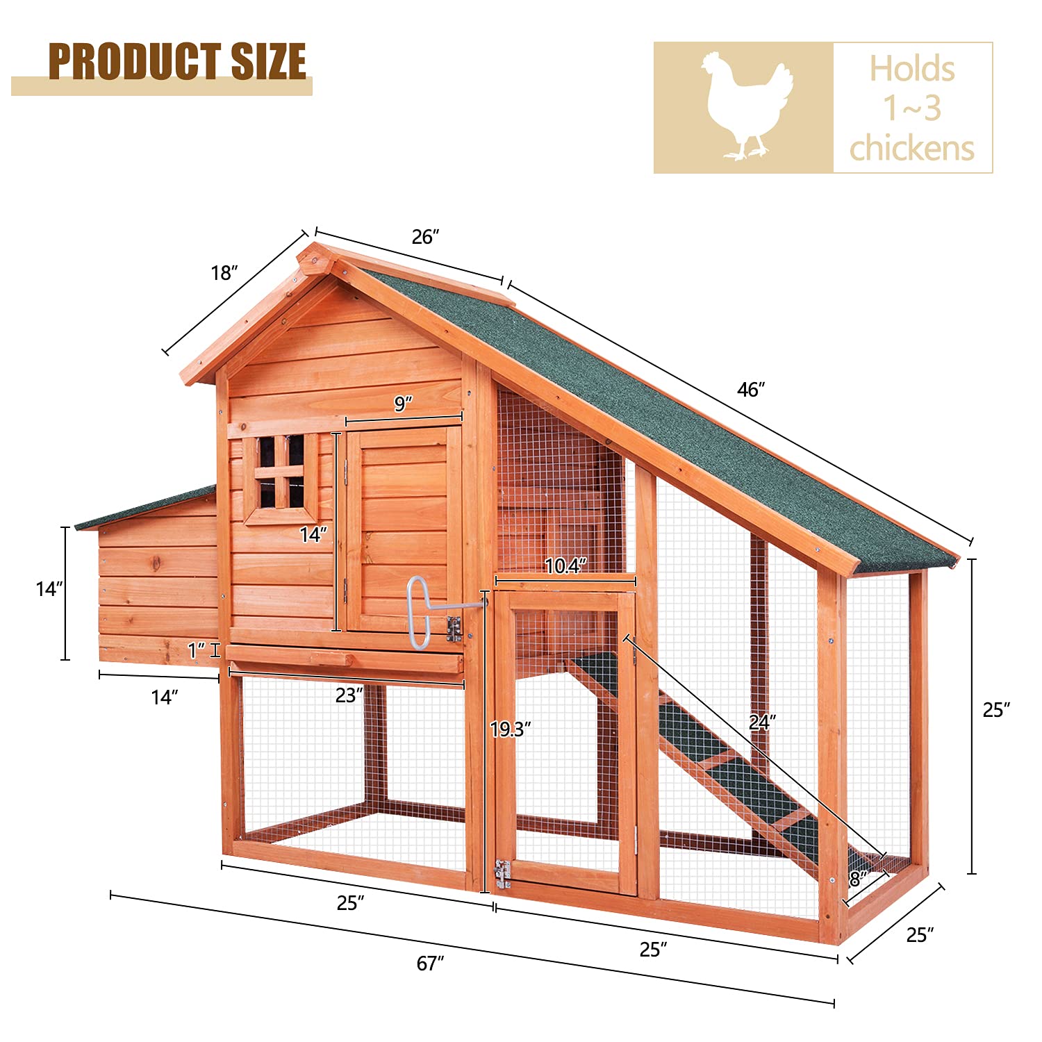 Kinpaw Chicken Coop 67” Hen House Outdoor Small Animal Cage with