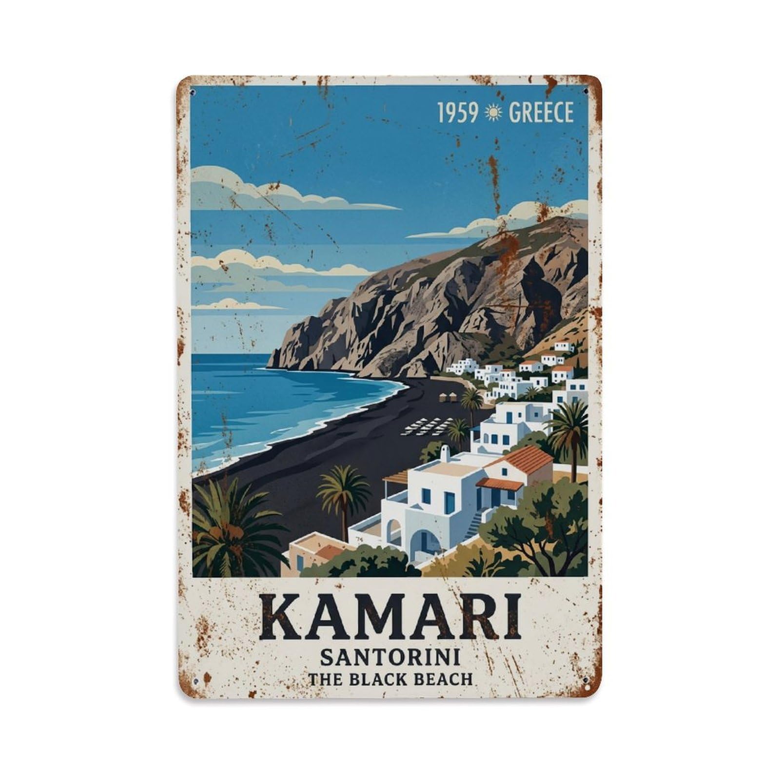 Fyrn Style Metal Tin Sign Vintage Travel Kamari Greece Waterfront