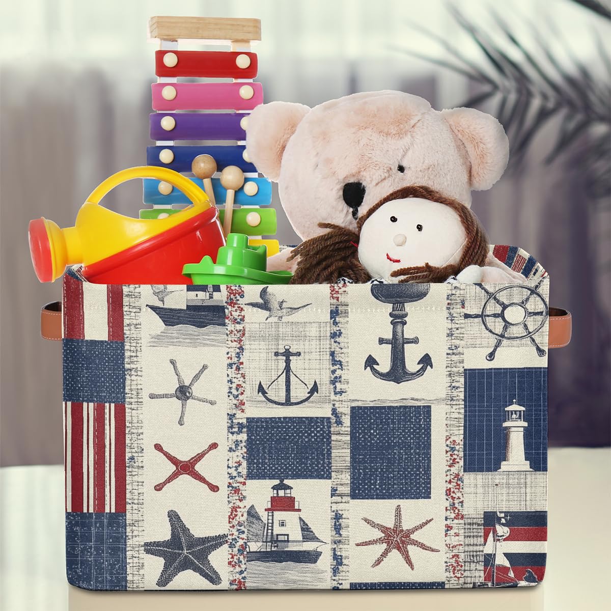 Mexpekil Cesta de almacenamiento para niños, diseño de ancla náutica, color rojo y azul, caja de almacenamiento plegable de tela para estantes, cesta de regalo grande con asas, 2 unidades