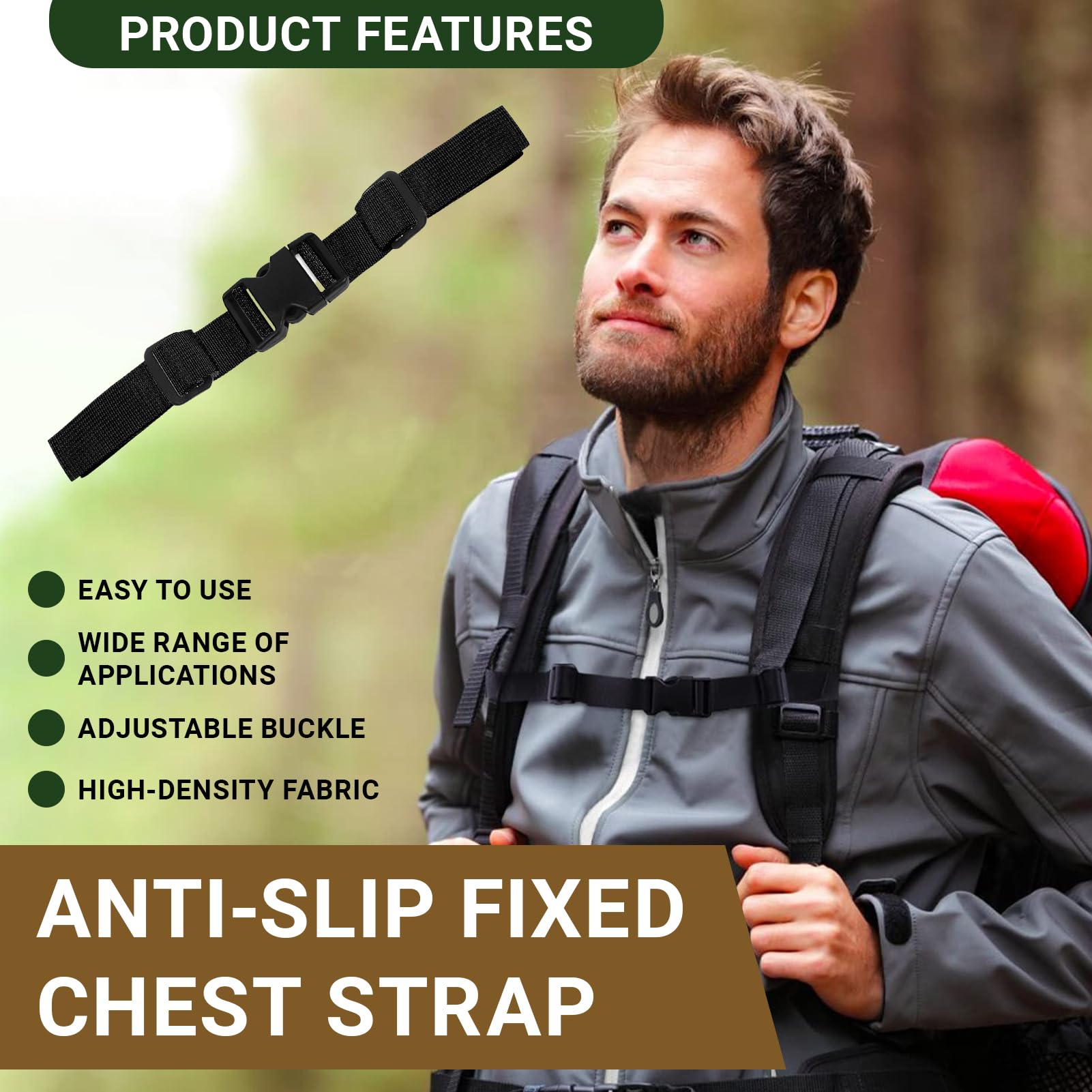 TRIWONDER Lot De 2 Sangles De Poitrine Réglables Avec Boucle Molle Pour Randonnée, Jogging (vert Armée