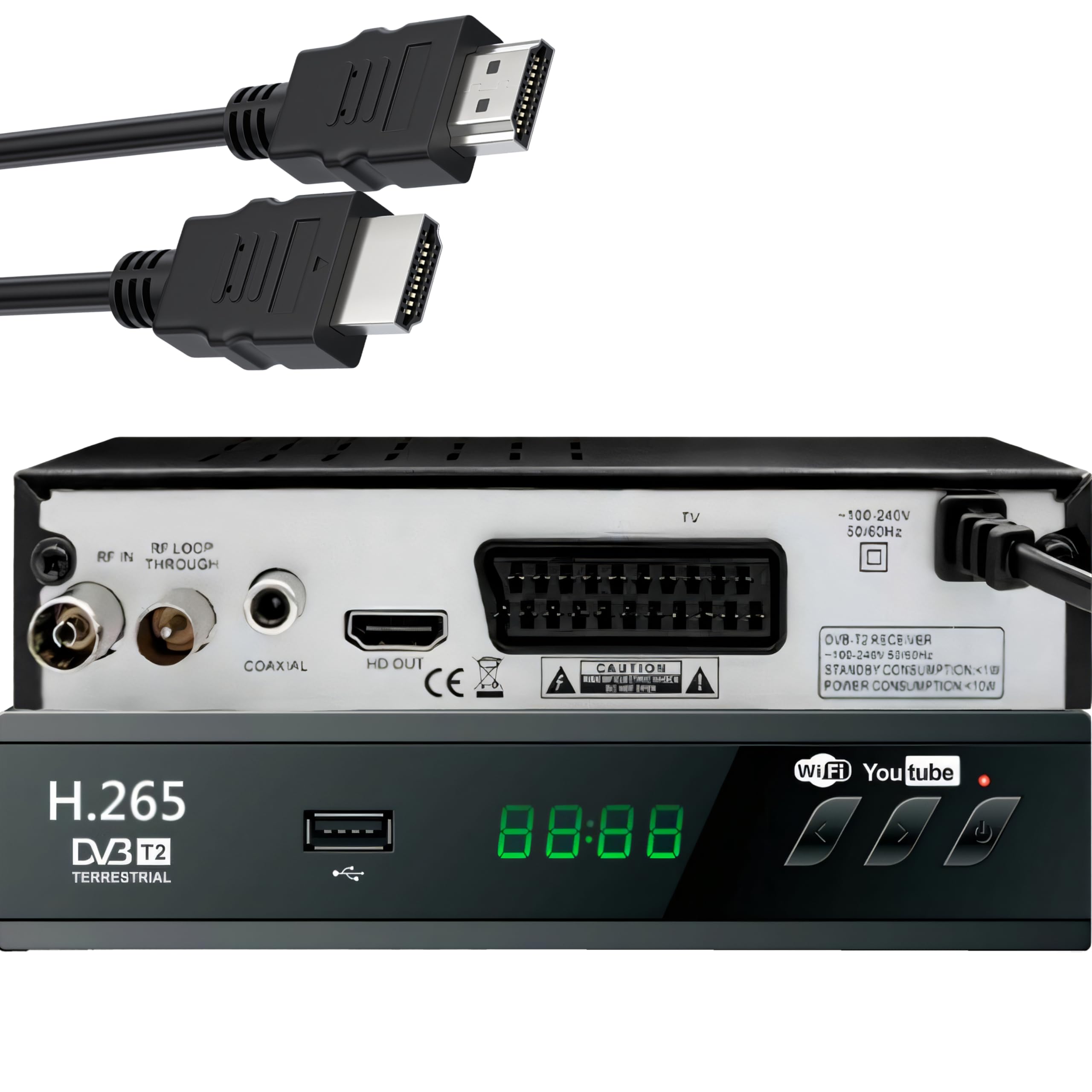 Retoo Odbiornik DVB-T2 HD z H.265 HEVC, odbiornik cyfrowy z HDMI, SCART, funkcją nagrywania PVR, Timeshift i USB, tuner TV Full HD do telewizji kablowej, z pilotem sterującym i kablem