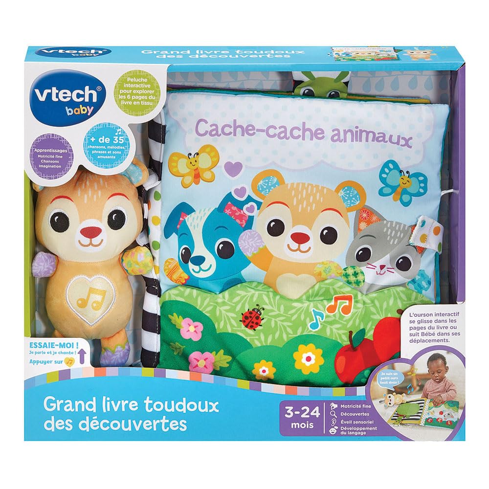 VTech - Grand Livre Toudoux des Découvertes, Livre en Tissu Bébé avec Petit Ours en Peluche Musical et Interactif, Jouet d'Éveil Sensoriel, Cadeau Bébé Dès 3 Mois - Contenu en Français