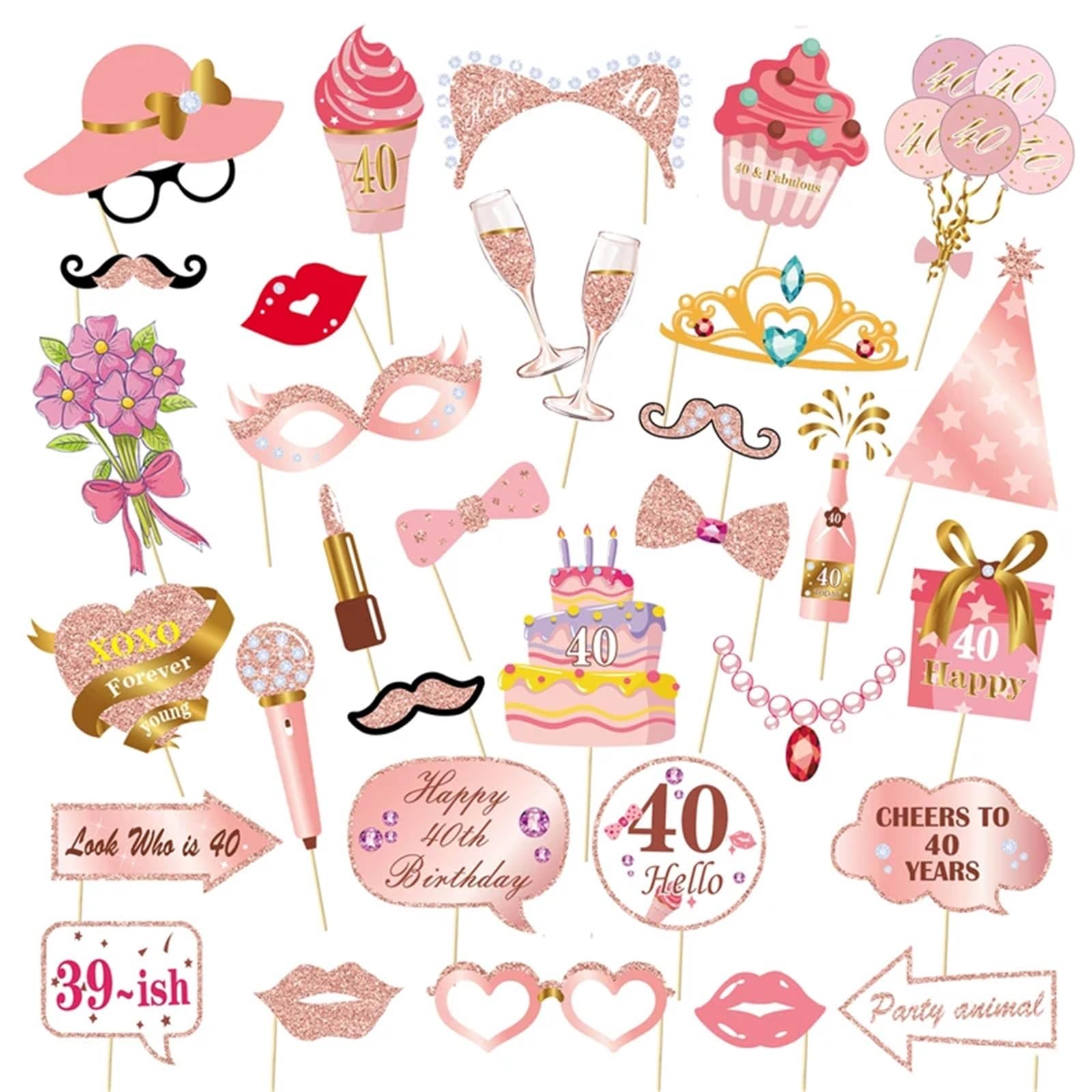 33Pcs Photo Booth Props for 16-60 Year Olds | Birthday & Anniversary Party Supplies for Women(40)
