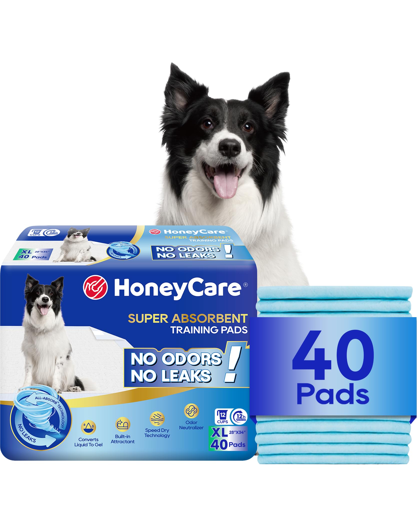 HONEY CARE All-Absorb, XL 28 x 34 Pulgadas, 40 Unidades, Almohadillas de Entrenamiento para Perros y Cachorros, Ultra absorbentes y eliminan olores, Almohadillas de Entrenamiento de 5 Capas a Prueba