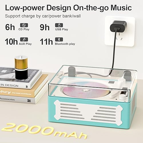 Miniatura 5 de Reproductor de CD Bluetooth portátil con altavoz, reproductor de CD retro, pantalla LED, reproducción USB, entradasalida auxiliar, recargable,