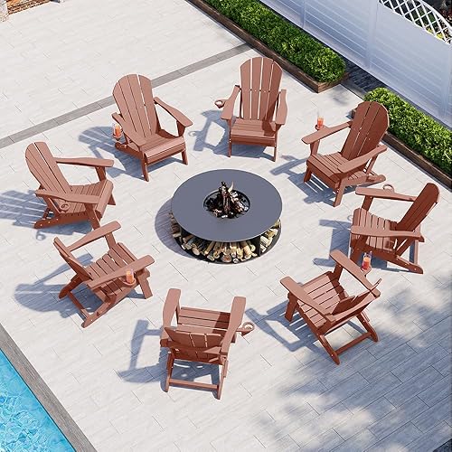 Miniatura 6 de Silla Adirondack plegable con portavasos, sillas de plástico HDPE para exteriores, resistente a la intemperie, aspecto de madera real para patio,