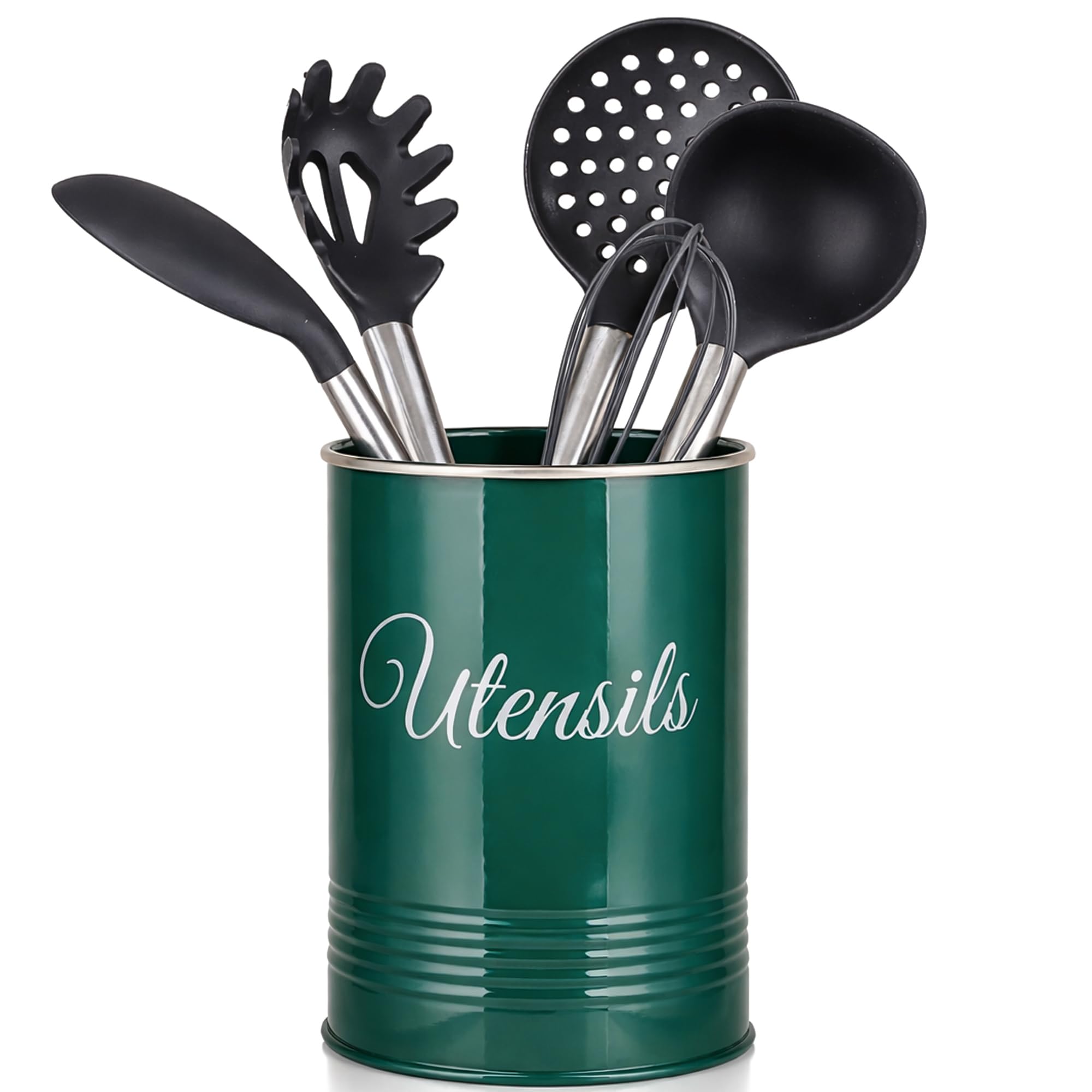 Innoteck Green Metal Utensil Holder, Powder-Coated Cutlery Organiser Pot With Non-Slip Base, Rust-Proof Countertop Storage For Spoons, Spatulas, Knives, Forks & Cooking Tools – Farmhouse Style,