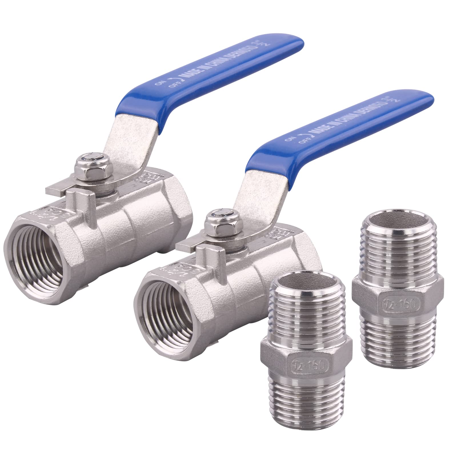 DERNORD 1PC Type Stainless Steel 1/2 Inch Ball Valve NPT Standard Port with Male Hex Nipple for Water, Oil, and Gas (Pack of 2)