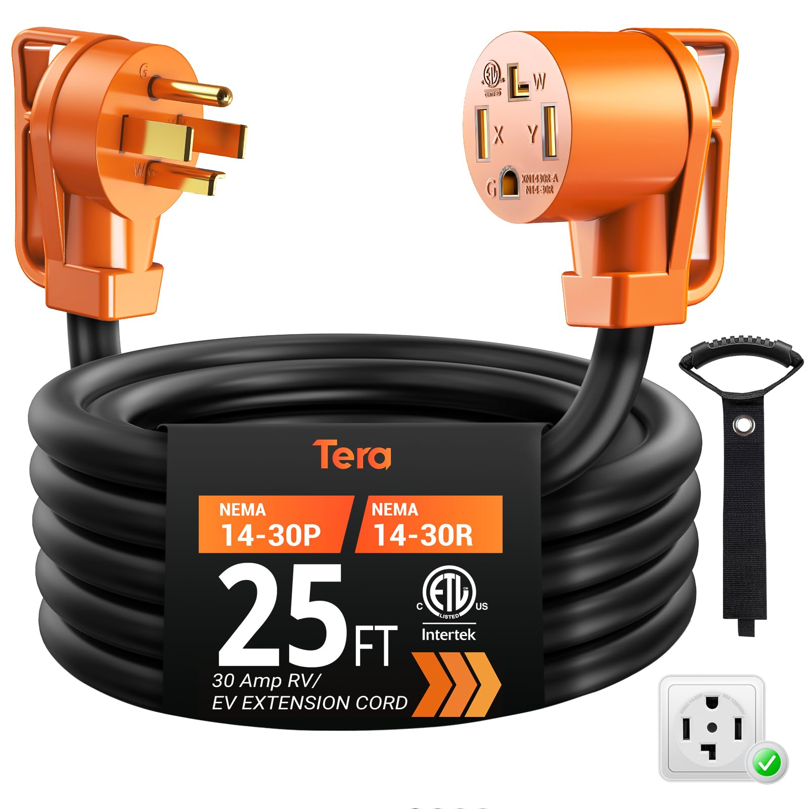 Tera Extension Cord 30 Amp for Tesla RV Dryer 25 FT: NEMA 14-30P to 14-30R UL Listed 4 Prong 125V 250V Heavy Duty with Grip Handle Cord Organizer STW EV RV Power Cord