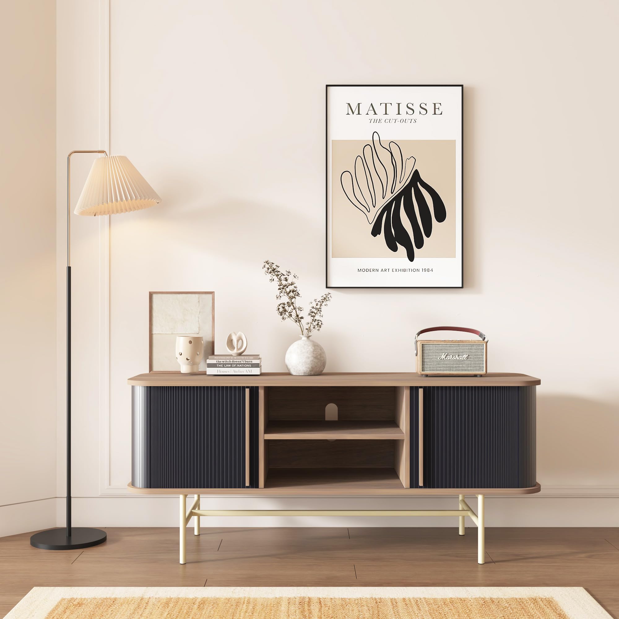 Sliding Door Cabinet SILKYDRY With Storage, 47 Fluted Sideboard With Sliding Tambour Doors, Adjustable Shelves, Credenzas For Living Room, Mid Century Modern Console Table For Kitchen Dining Room Buffet Cabinet