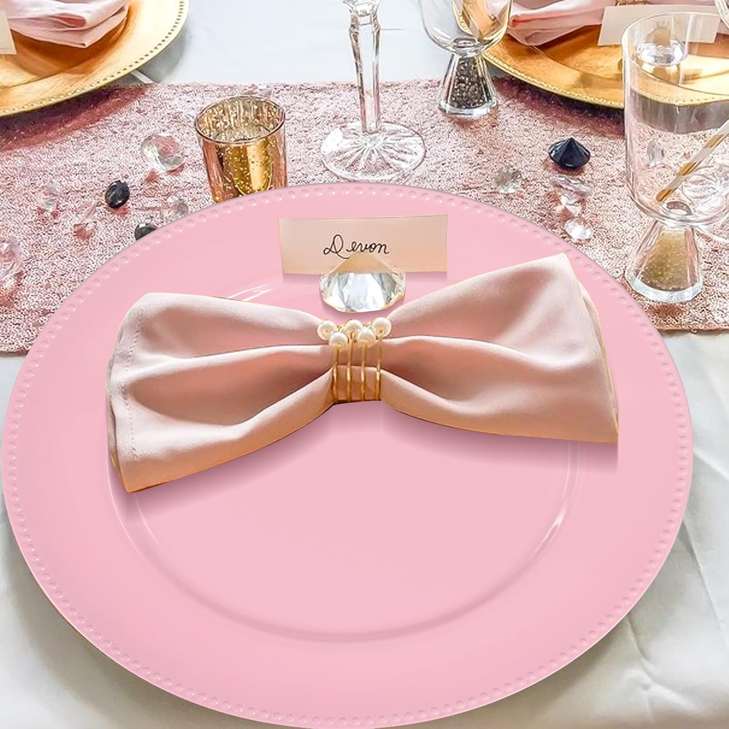 fani 50 Pcs Pink Charger Plates Bulk, 13'' Round Beaded Charger Plates