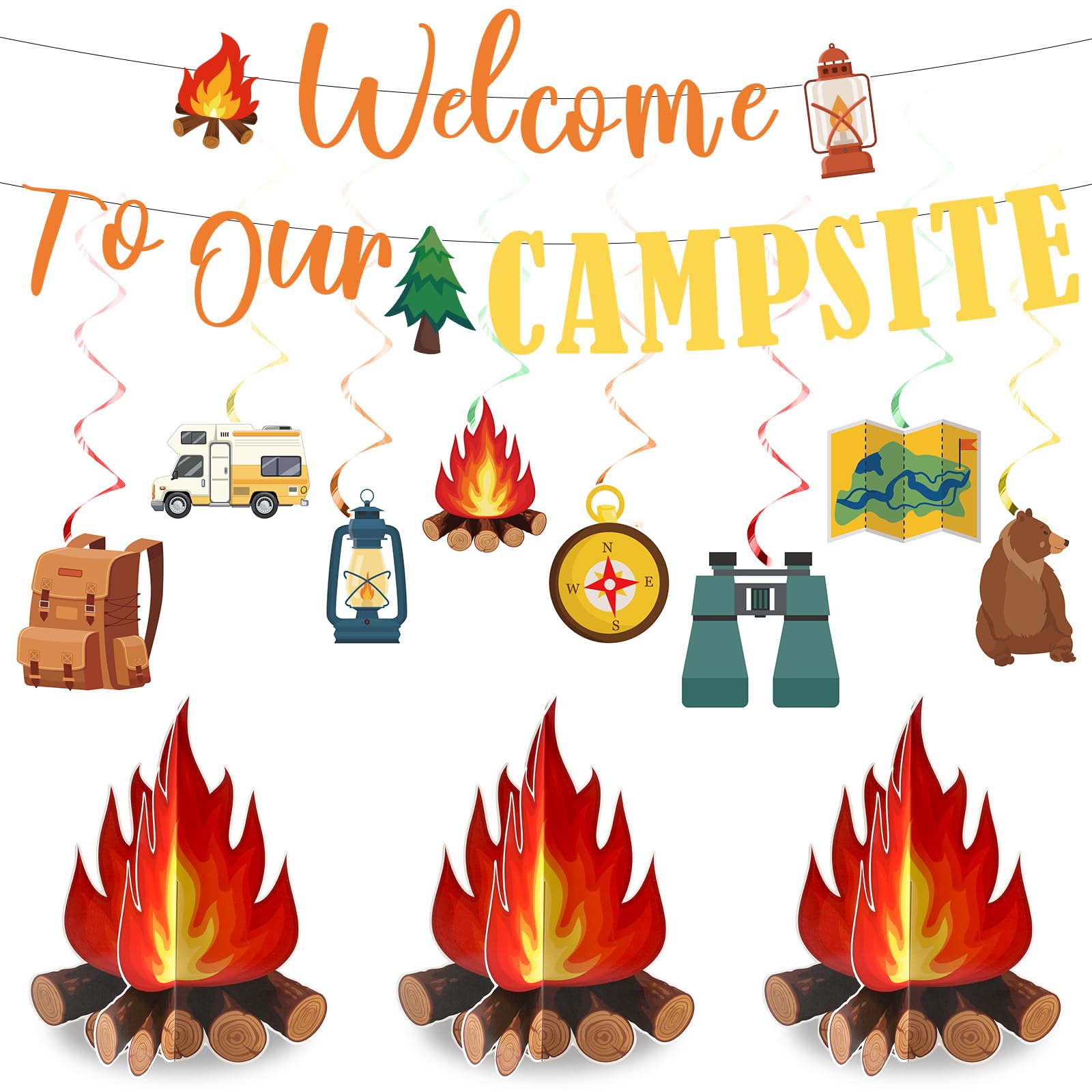 Photo 1 of 13Pcs Happy Camper Party Decorations Camping Adventure Hanging Swirls Decor Welcome to Our Campsite Banner Campfire Centerpiece Camping Theme Ceiling VBS 2025 Decor Kids camp Birthday Party Supplies