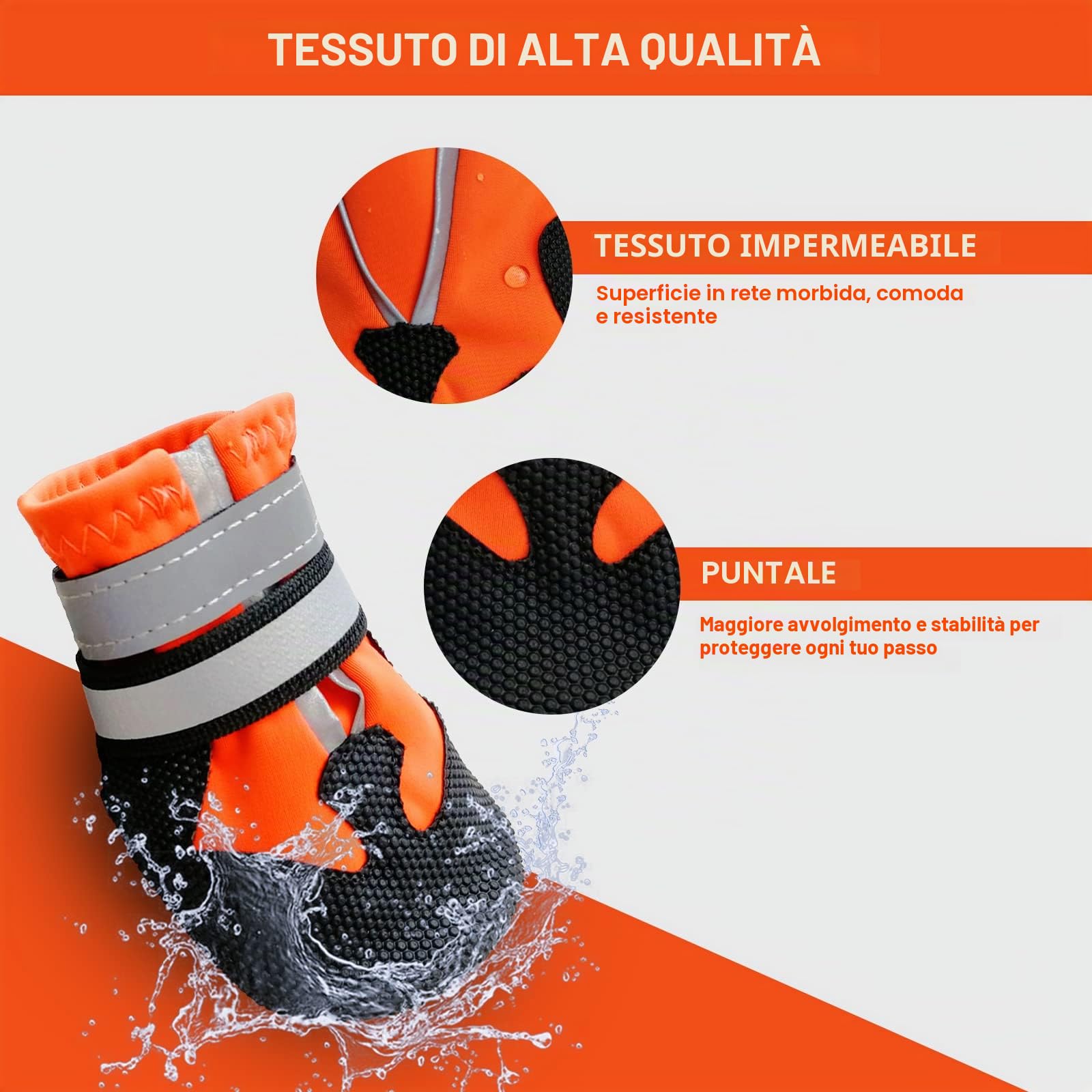 Scarpe per Cani, Set di 4 Stivali per Cani Impermeabile con Cinturini Riflettenti, Scarpe Cane con Cinturini Riflettenti e Suola Antiscivolo per Protezione Le Zampe per Cani (S, Arancia)