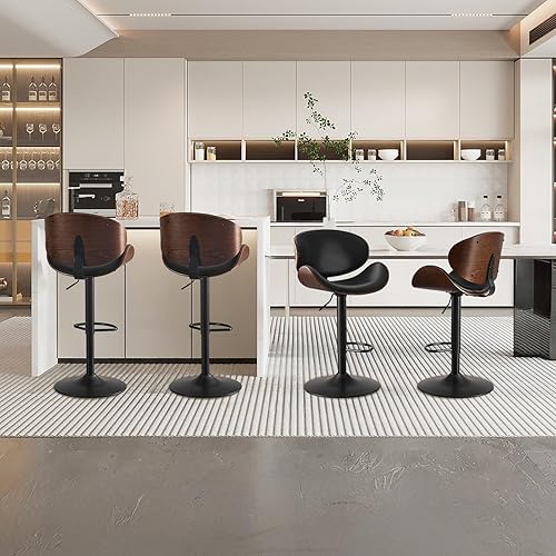 Miniatura 8 de Juego de 2 taburetes de bar ajustables de madera curvada moderna con base de metal y reposapiés, taburete de bar tapizado de piel sintética con
