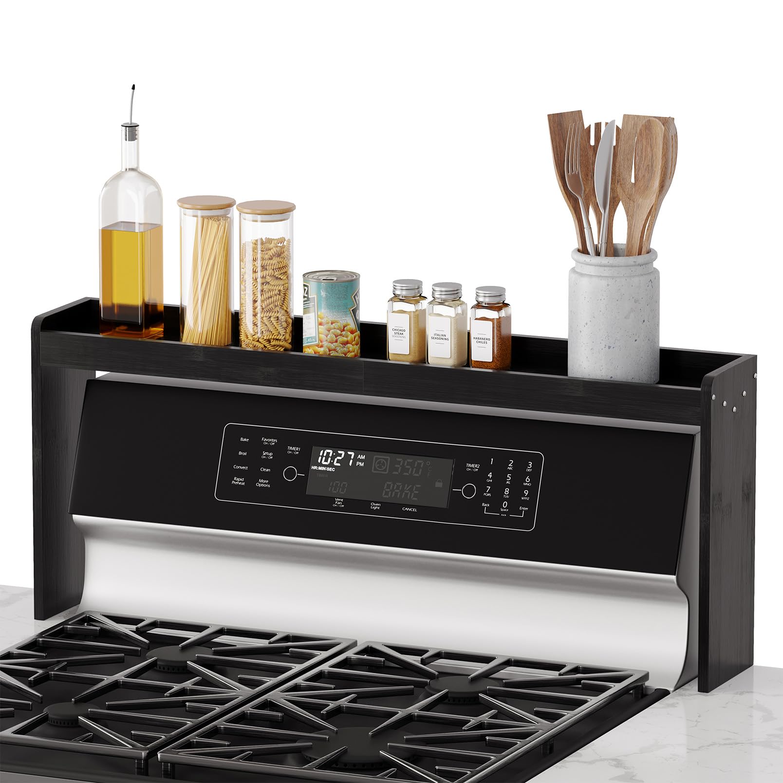 Spaceaid Black Bamboo Over The Stove Spice Holder Shelf, 31.5" Kitchen Organizer Stove Spice Top Rack, 11.6" Height Countertop Storage, Over Oven Back Sink Organization Shelf,