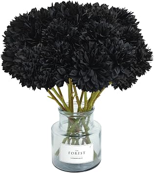 Tinsow 12PCS Halloween Artificial Flowers Black Faux Ball Chrysanthemum