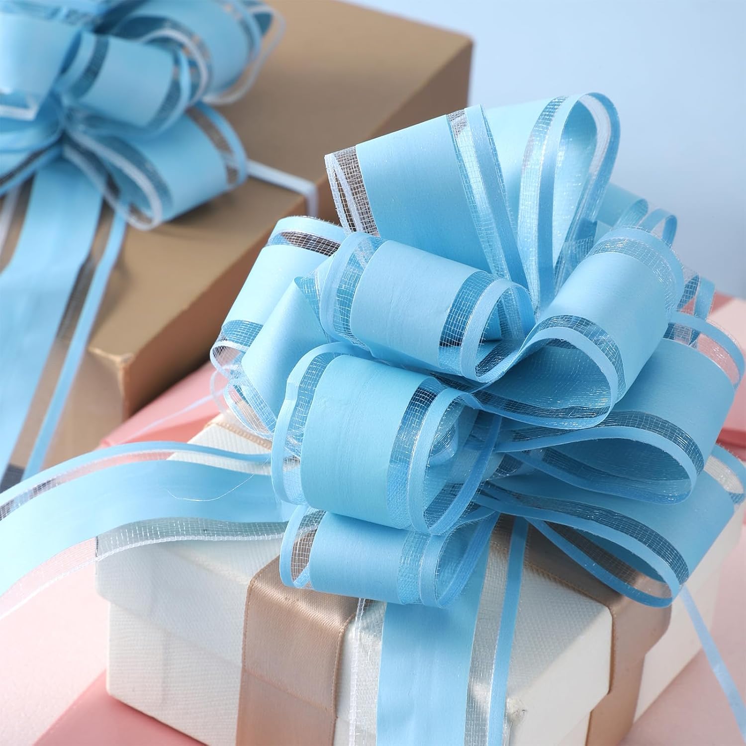 6PCS Blue Pull Bows, Large Pull Bows for Gift Baskets Wrapping, Decorative Ribbon for Presents, Christmas, Birthday, Wedding Decorations, Baby Blue Ribbon Gifts Wrap Bow - Image 3