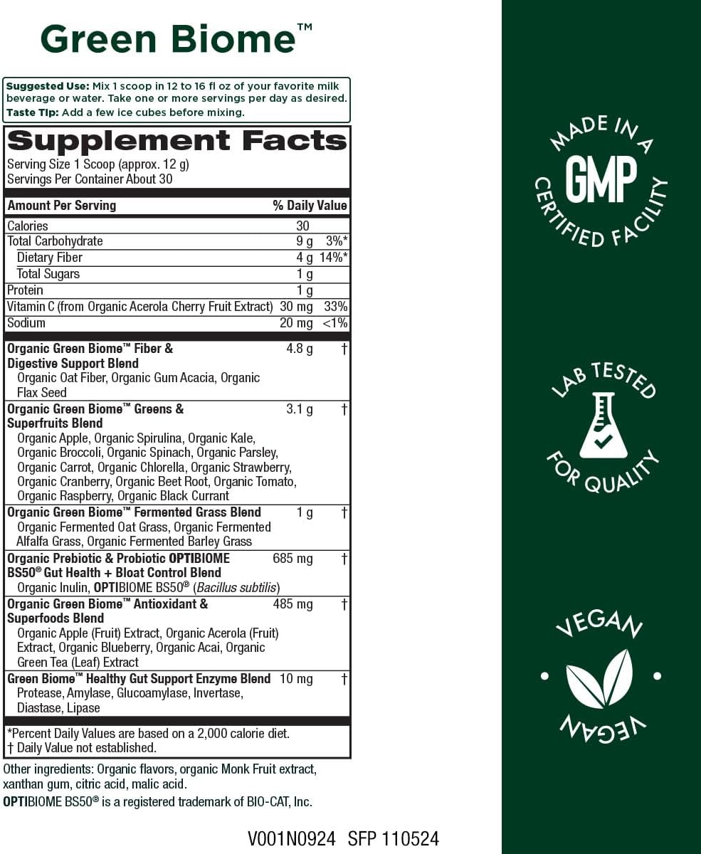 Green Biome - Elite Organic Greens Superfood + Daily OptiBiome Probiotic - Optimized to Promote Bloating Relief, Digestive Comfort + Regularity, Energy - Vegan. Gluten Free -Apple Flavor - 30 Servings