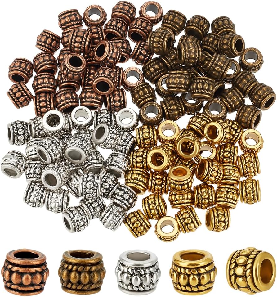 PH PandaHall 4 Colors Tibetan Spacer Beads 120PCS Column Barrel Vintage Bead 8mm Hollow Spacers Antique Style Bead Barrel Loose Connector Charm Beads for Bracelet Necklace Earring Jewelry Making