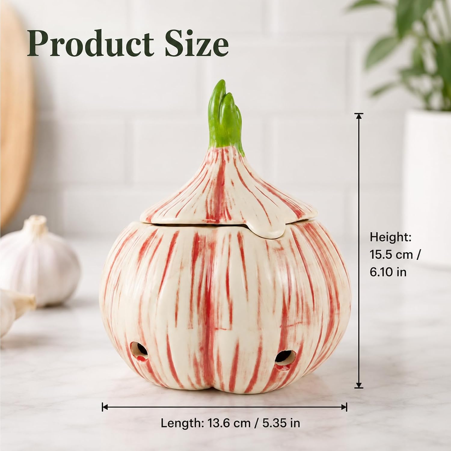 5.35" Large Ceramic Garlic Keeper with Lid, Unique Garlic Shape Container