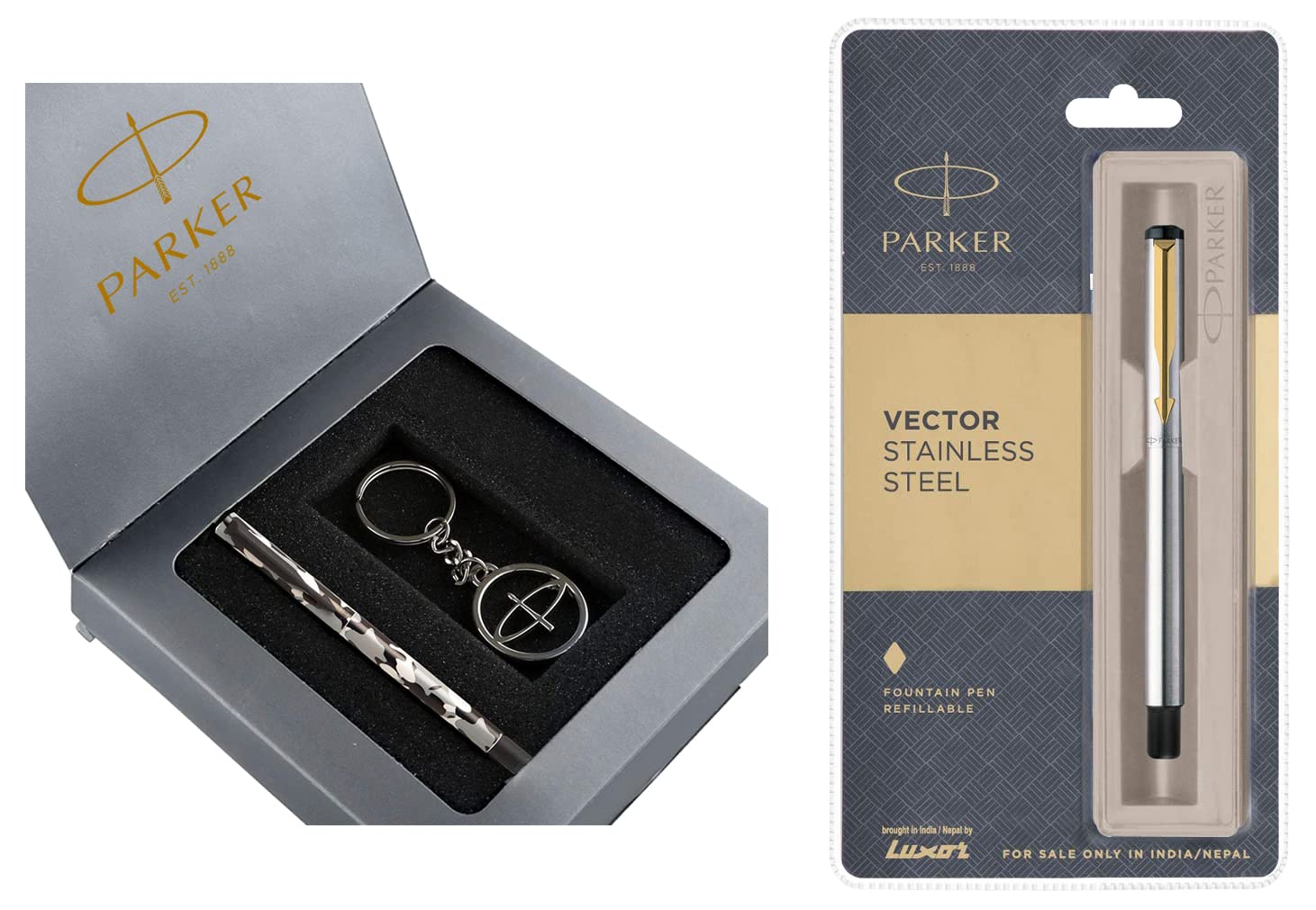 Vector Stainless Steel GT Fountain Pen & Parker Vector Camouflage Gift Set - Roller Ball Pen & Parker Keychain (Blue Ink)