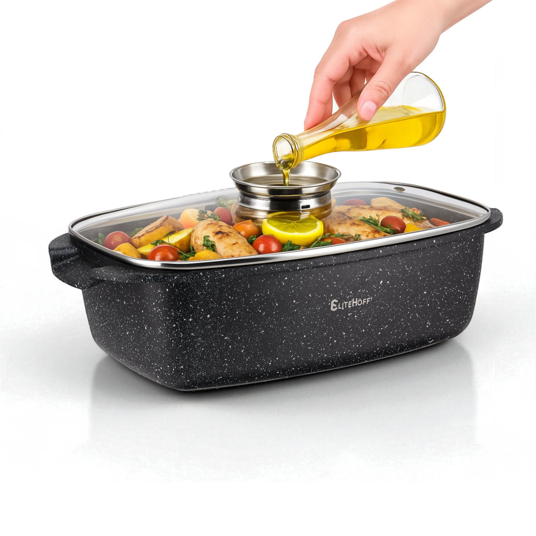 EliteHoff Brytfanna z pokrywką 6,5 L, aluminiowy garnek do pieczenia, naczynie żaroodporne do duszenia, pieczenia i grillowania, na indukcję, gaz, kuchenkę elektryczną, do piekarnika, czarny (E-7051)