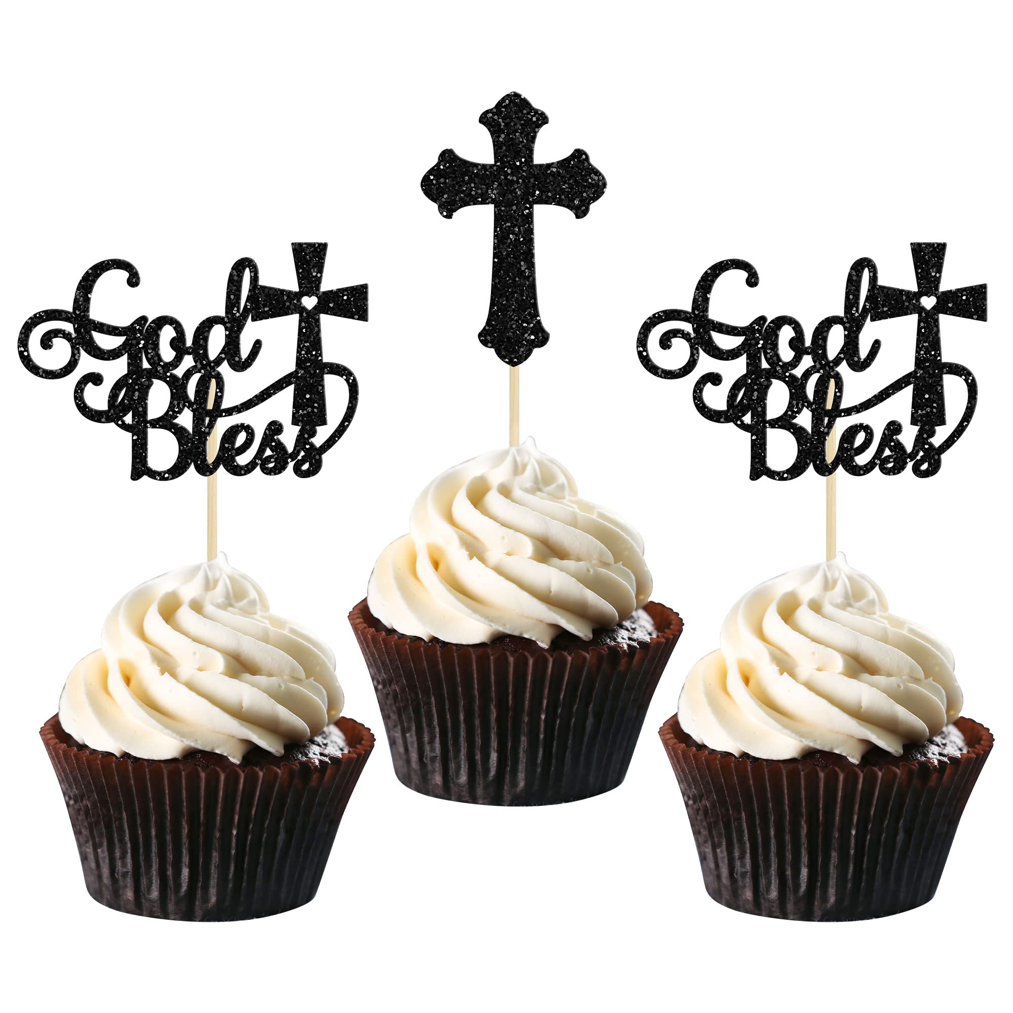 Gyufise 24 x God Bless and Baptism Cross Cupcake Toppers for Christian Party, First Communion Christening Cake Topper - Black โ image 1