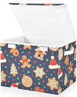 senya Christmas Baskets Collapsible Storage Bins with Lids, Gingerbread Cookie Man and Deer Storage Boxes Clothes Baskets for Organizing