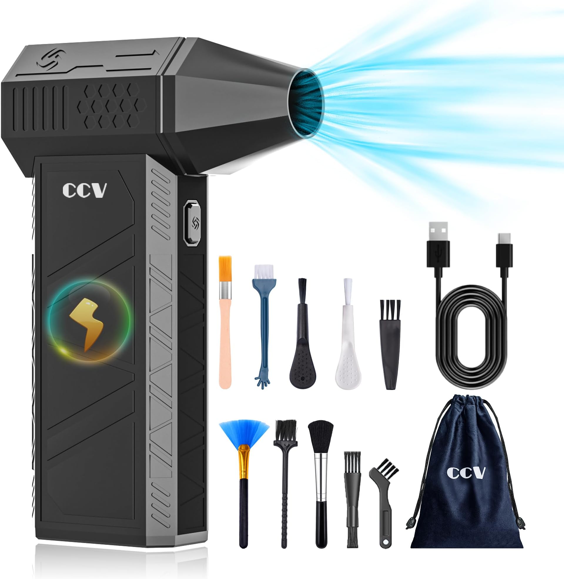 CCV Compressed Air Duster - 150000RPM Electric Air Duster for Cleaning Keyboard&PC 3 Gears Adjustable Rechargeable Cordless Jet Dry Blower Air Blower for Car and Home (F33-BLACK)