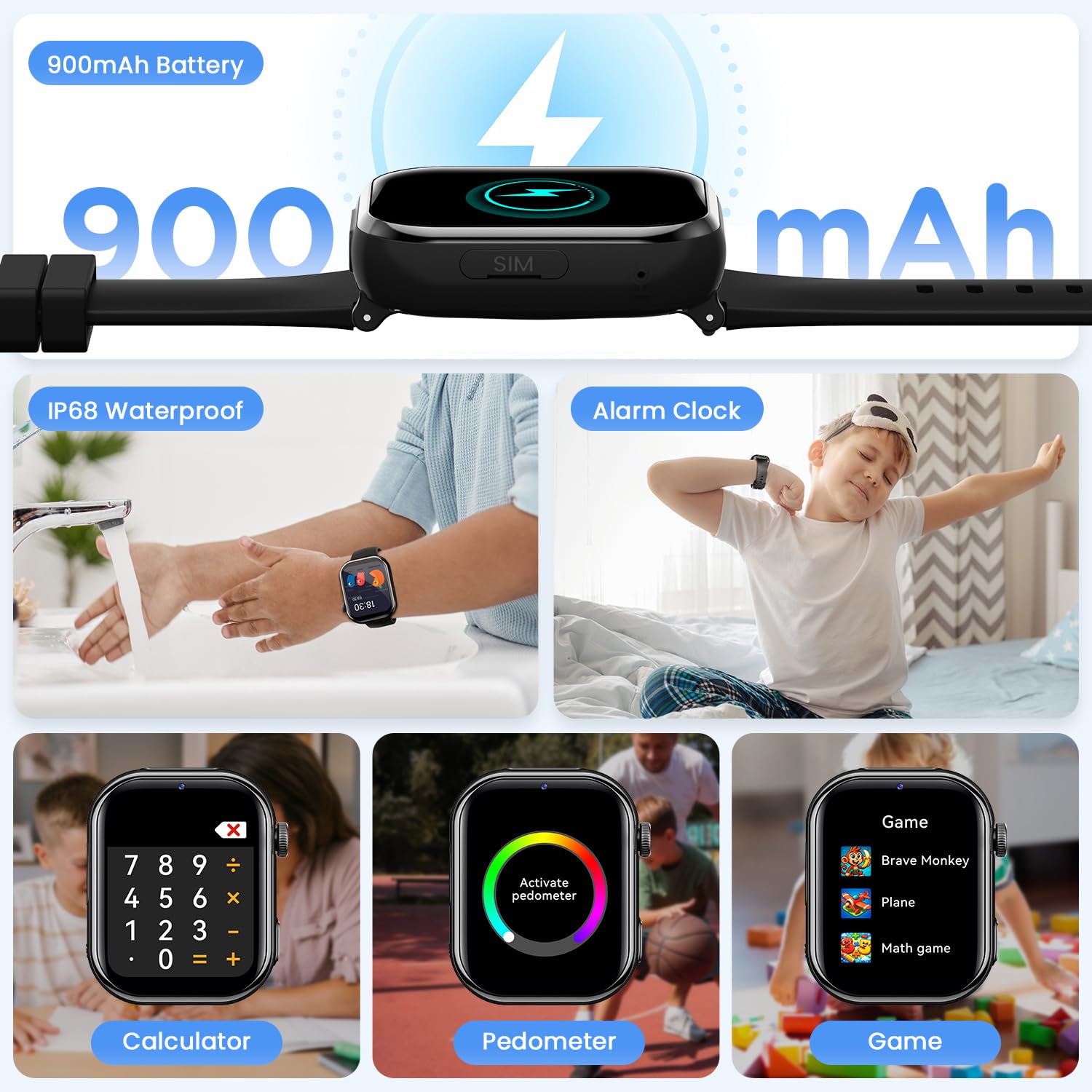 4G Montre Connectée Enfant, Montre Telephone Enfant avec GPS, Double Caméra, Appel Vidéo, Chat Vocal, SOS, Mode Classe, Lampe Torche, IP68, Podomètre, Cadeau pour Garçons Filles, Noir, Garantie 3 Ans